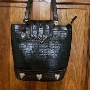 Brighton Black Croc-Embossed Shoulder Bag with Heart Accents